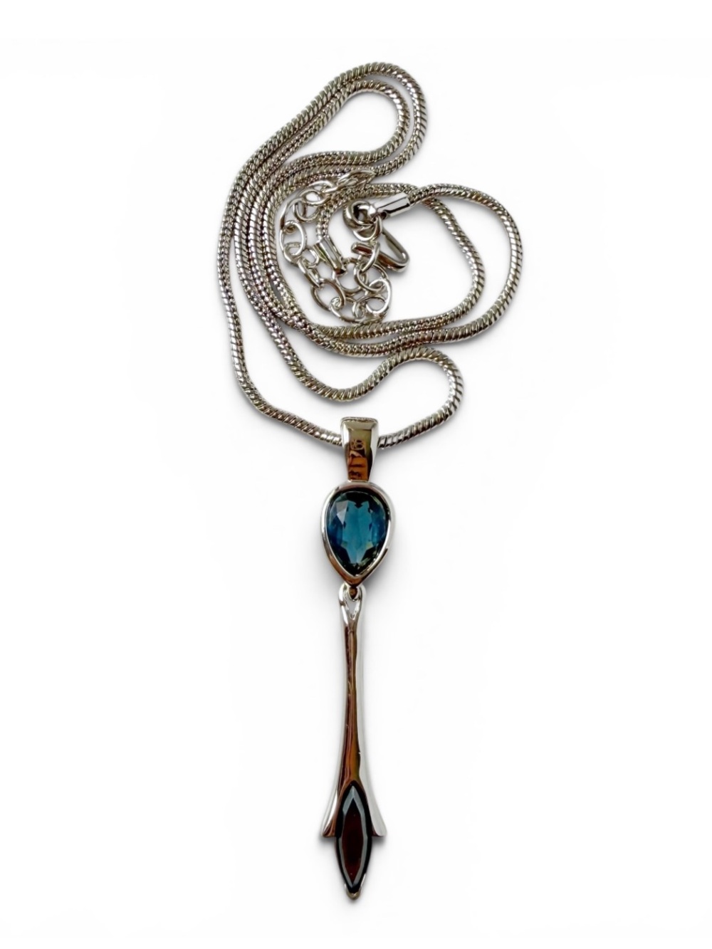 Vintage Monet Blue Hematite Rhinestone Drop Pendant Snake Chain Necklace